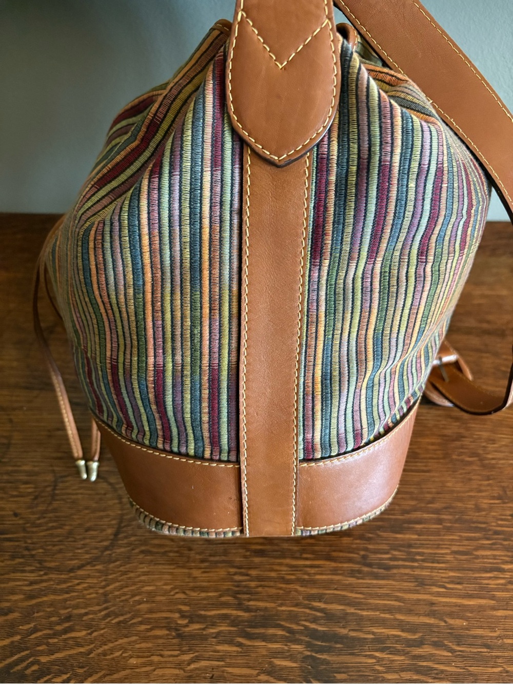 Vintage Bally Italy Multicolor Stripe Leather Drawstring Bucket Bag - Picture 3 of 13